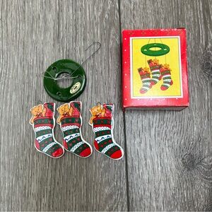 RUSS VINTAGE PORCELAIN HOLIDAY CHIME BEAR STOCKING ORNAMENT WITH BOX